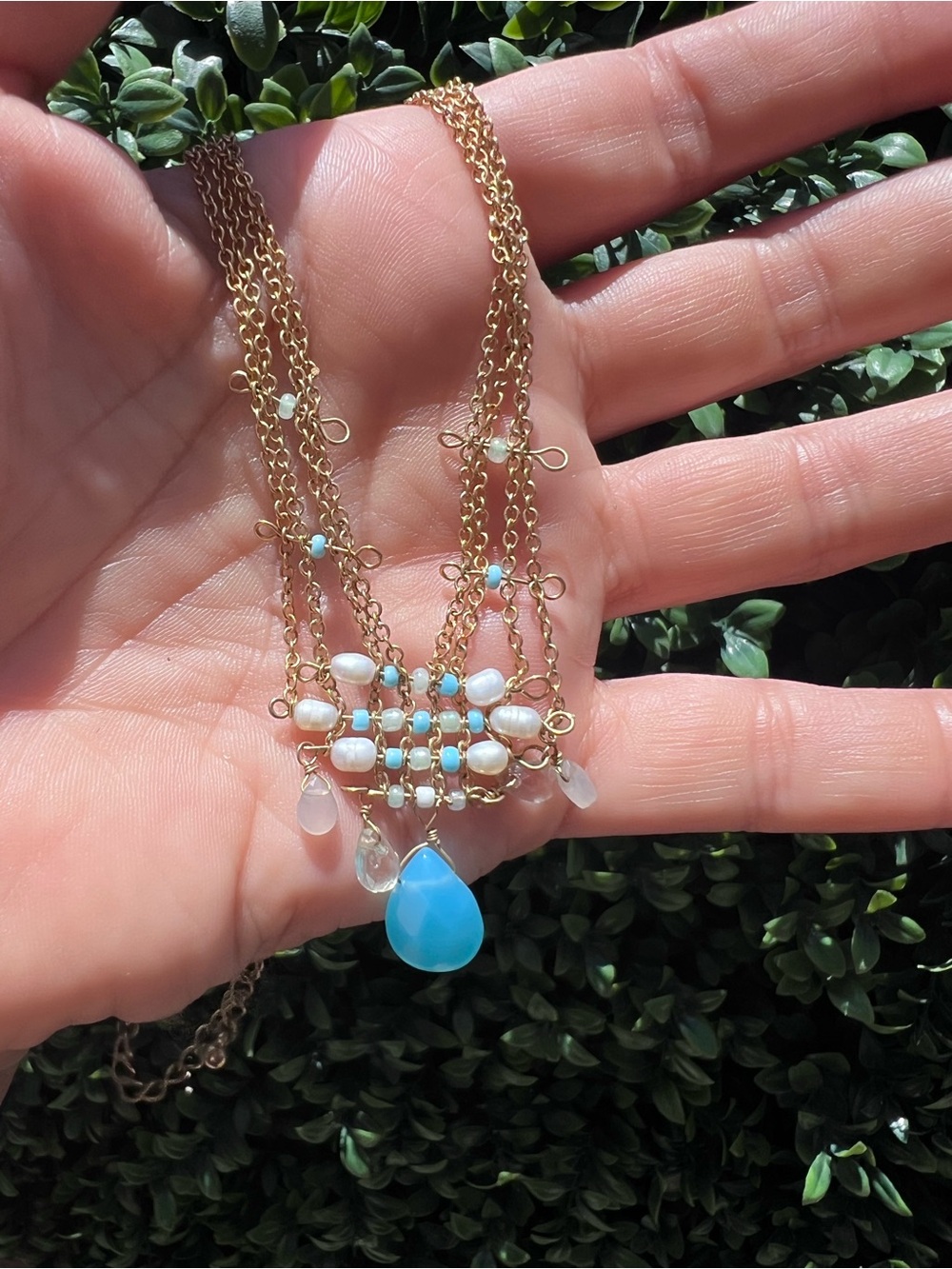 Vintage Avon Turquoise Colored Beaded Multistrand Goldtone Necklace